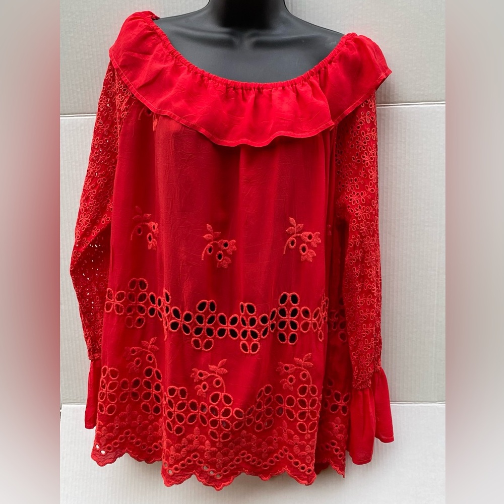 Johnny Was Red 3/4 Sleeve Ruffled Blouse Johnny was tops Johnny was red floral